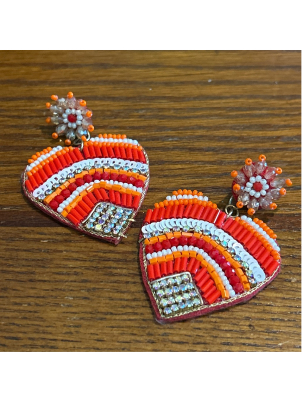 Women's Unbranded Heart Beaded Earrings One Size Red Orange and AB